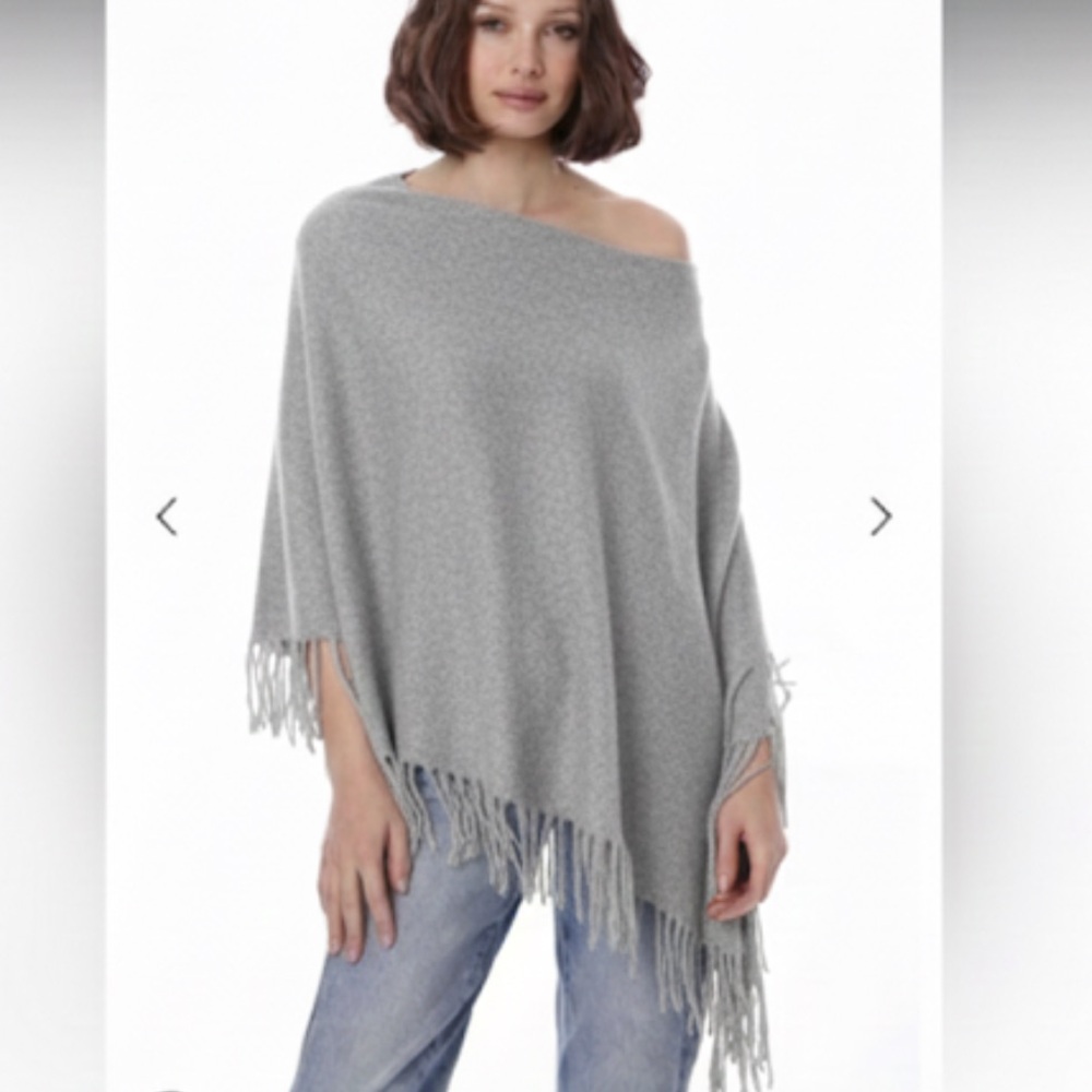 Minnie Rose Gray Fringe Poncho 100% Cotton Shawl Cover Layering Sweater Scarf